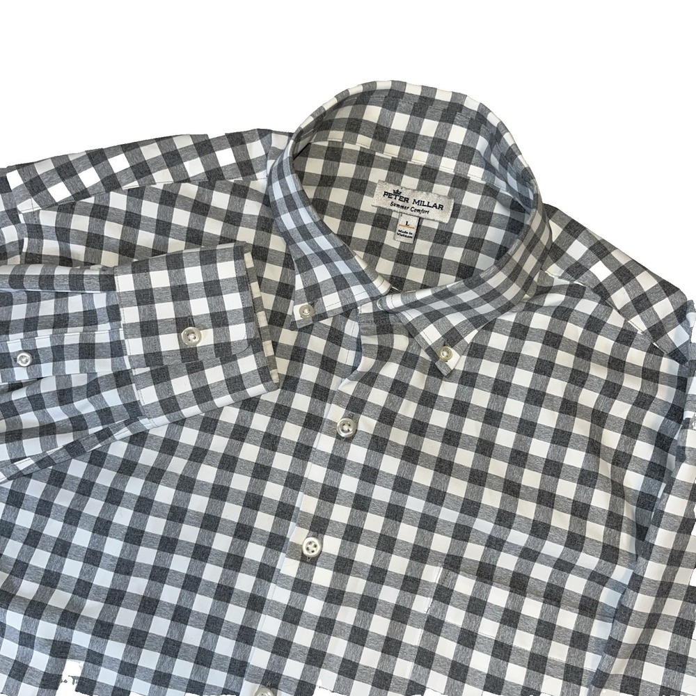 Peter Millar Summer Comfort Button Up Shirt Men's Large Gray Plaid Long Sleeve